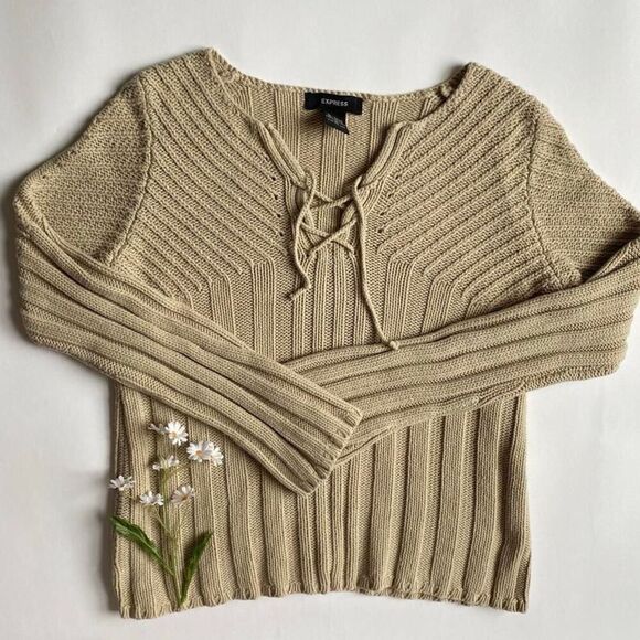 Y2K tan sweater w/lace up detail - Picture 1 of 7